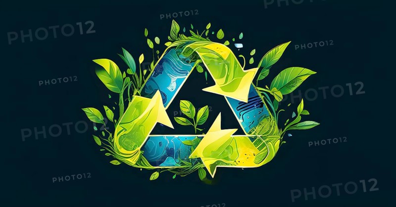 Recycling symbol morphing into growing plants and solar cells to symbolize the transformation of waste into renewable resources, AI generated