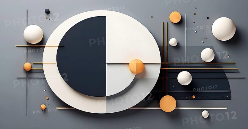 Minimalist composition of overlapping geometric shapes, such as circles, squares, and triangles, with clean lines and muted pastel colors, AI generated