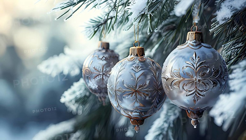 Set of Christmas ornaments hanging on a snow-covered pine tree branch, with frost clinging to the delicate glass and metal surfaces, AI generated