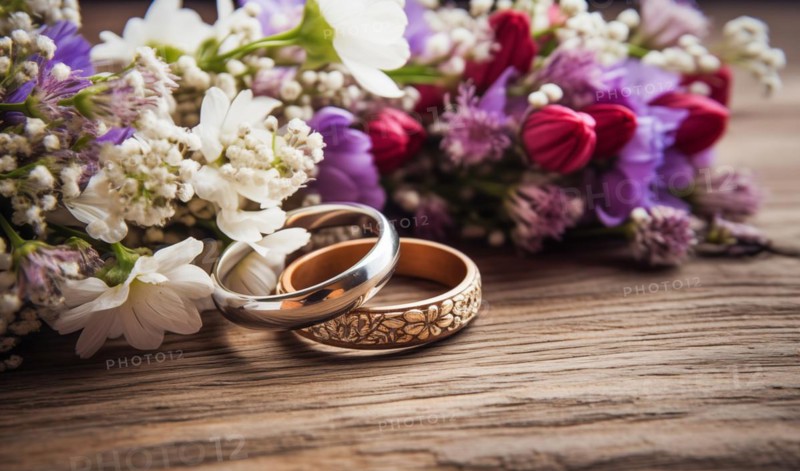 Diamond wedding rings jewelry and flowers bouquet for the wedding engagement and honeymoon, AI generated