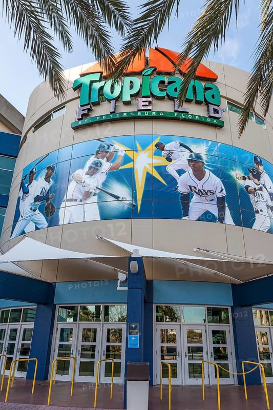 Logo and display above entrance to Tropicana Field Stadium in St. Petersburg, Florida, USA, North America