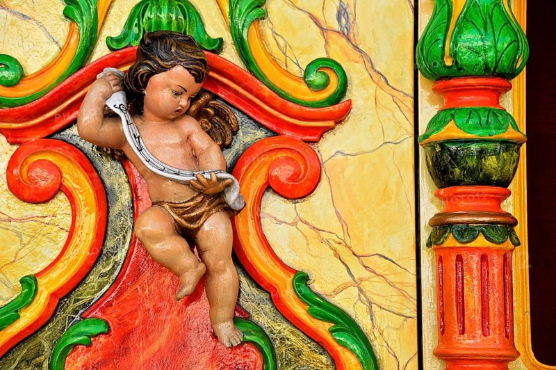 Wooden figure of a cherub at an old carousel organ or fairground organ, historic Wies'n, Oide Wiesn, Oktoberfest, Munich, Upper Bavaria, Bavaria, Germany, Europe