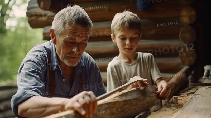 Young father and son work on a wood canoe project together at their cabin, generatvie AI, AI generated