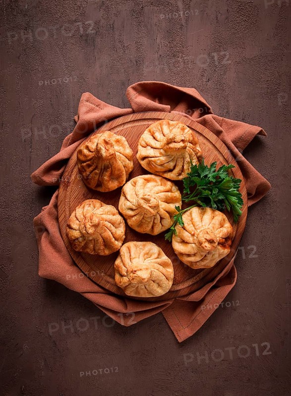 Deep-fried khinkali, khinkali with meat, traditional Georgian dish, no people