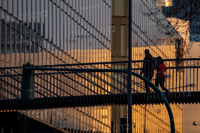 Pedestrians on a bridge over Segerothstraße, in Essen, behind Limbecker Platz shopping centre