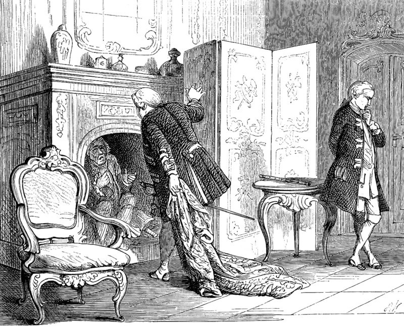King Frederick William brings flute teacher Quantz out of the fireplace, Crown Prince Frederick (right), dispute, quarrels, salon, fear, thoughtful, table, Prussian history, historical illustration 1882