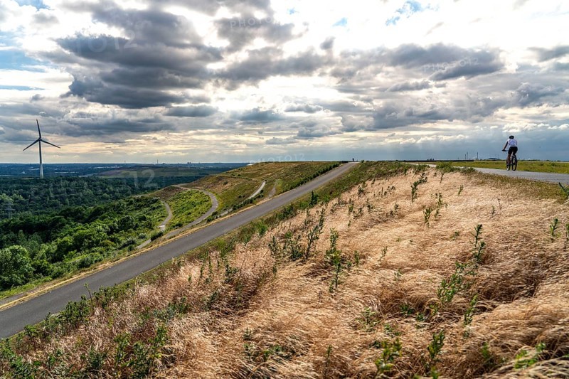 Hoheward spoil tip, spoil tip landscape, view to the west, wind power plant on the Hoppenbruch spoil tip, Herten, North Rhine-Westphalia, Germany, Europe
