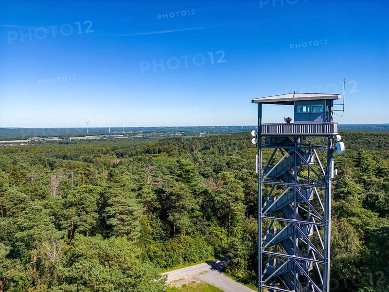 Fire watch tower on the Rennberg, near Flaesheim, Haltern am See, in the Haard forest area, one of 3 fire watch towers in the region, manned from April to October in dry weather conditions, part of the fire monitoring system, North Rhine-Westphalia, Germany, Europe