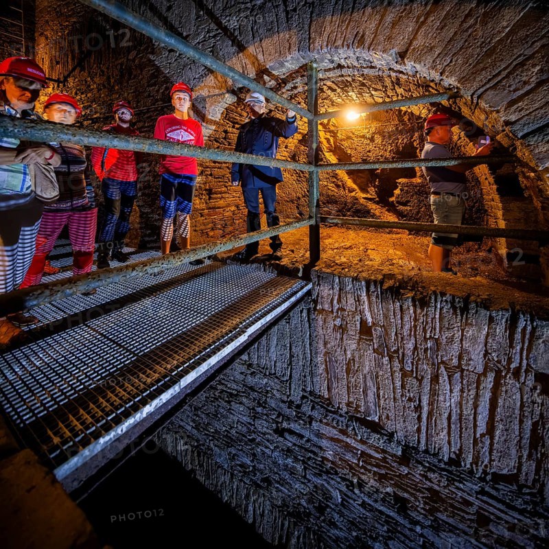 Wheel room of the Unverhofft Segen Gottes Erbstolln in Oberschöna, where there is a 13 metre high and 2.5 metre wide vault, in which a water wheel was operated in the 18th century, which kept the pumps running at a depth of 70 metres, 19th Day of the Mining and Metallurgy Exhibition in the District of Central Saxony, Oberschöna, Saxony, Germany, Europe