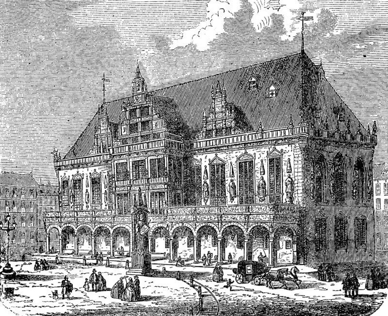 The town hall in Bremen with the Roland, Germany, in 1888, Historical, digital reproduction of an original from the 19th century, Europe