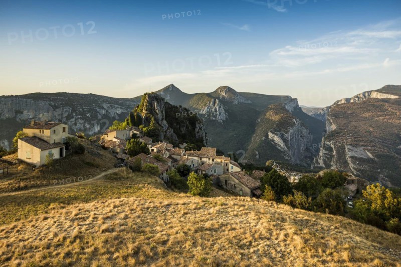 Mountain village, sunrise, Rougon, Verdon Gorge, Gorges du Verdon, Alpes-de-Haute-Provence department, Provence-Alpes-Côte d'Azur region, France, Europe