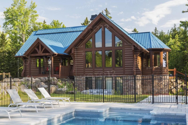 In-ground salt water swimming pool and brown stained milled Eastern white pine timber and flat log profile home facade with stone cladding on walk-out lower level and blue standing-seam sheet metal roof, Quebec, Canada, North America