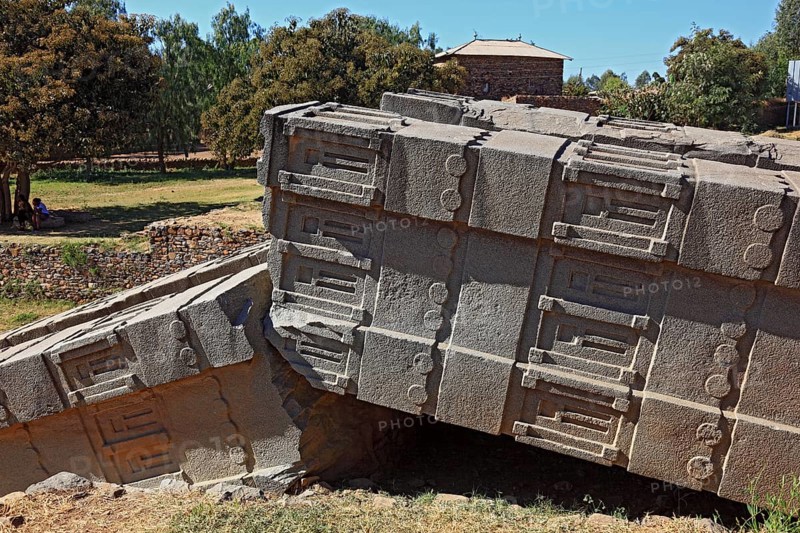Tigray region, in the stelae park of Axum, Aksum, ancient cemetery of the Axumite kings, broken stele, Ethiopia, Africa