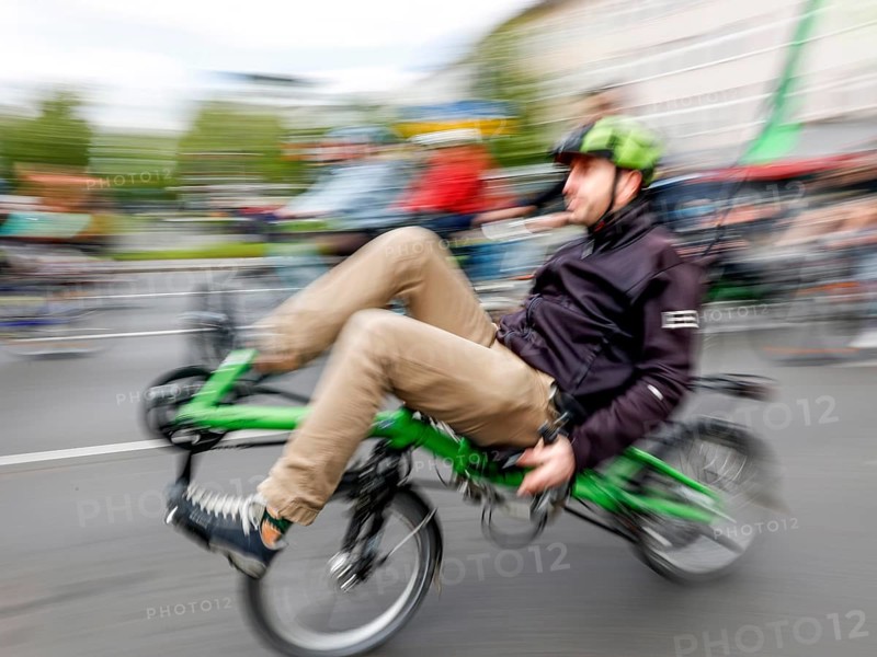 A recumbent cyclist at the bike parade demo, Berlin, 07 05 2023