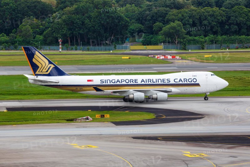 A Boeing 747-400F (SCD) aircraft of Singapore Airlines Cargo with the registration 9V-SFI at Changi Airport, Singapore, Asia