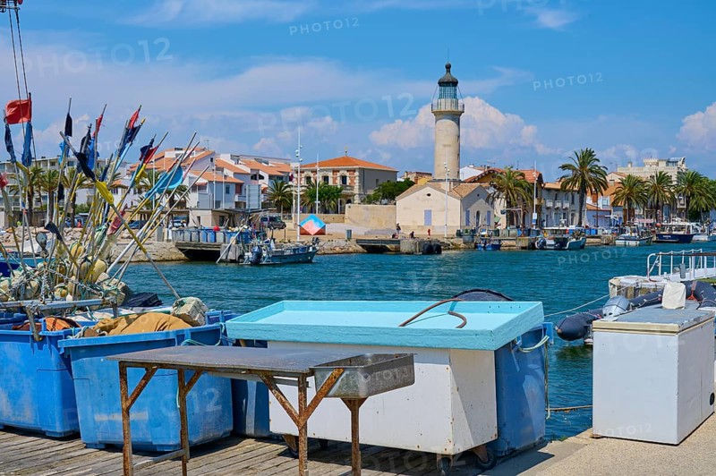 Coastal town with colourful houses and palm trees, boats in the water and a lighthouse, on a sunny day, summer, Le Grau-du-Roi, Gard, Mediterranean Sea, France, Europe