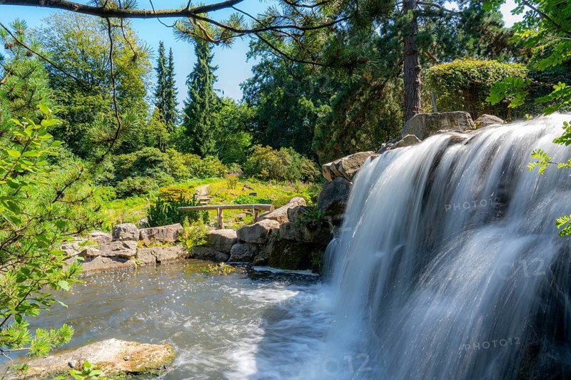 Grugapark, Essen, botanical garden, park for leisure and recreation, waterfall in the Alpinum, North Rhine-Westphalia, Germany, Europe