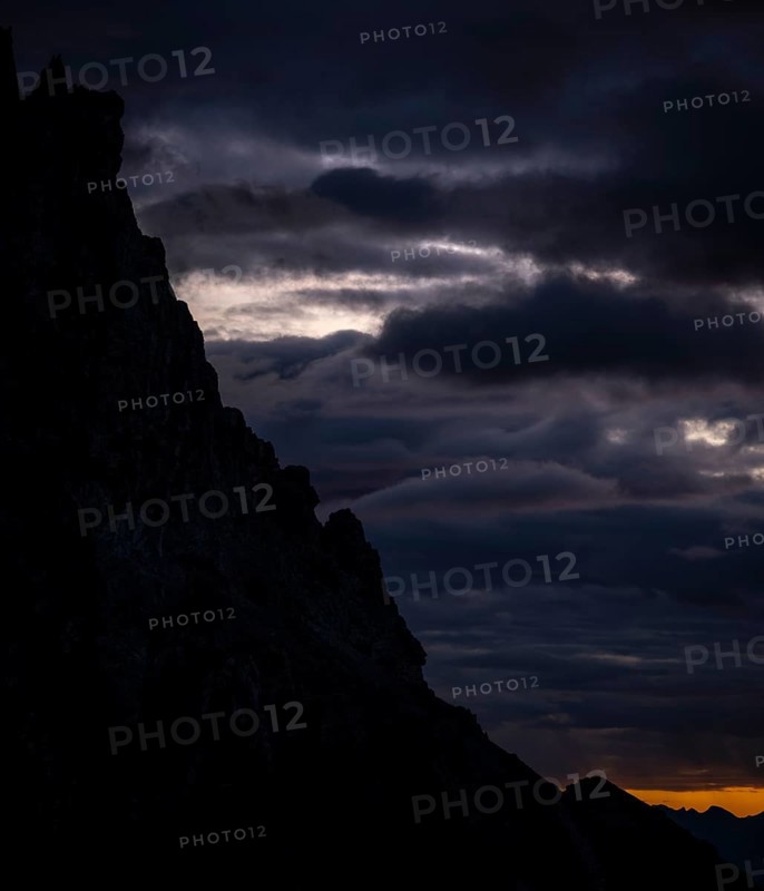 Montafon mountains with dramatic cloudy sky at sunrise, Tschagguns, Rätikon, Montafon, Vorarlberg, Austria, Europe