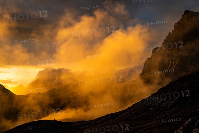 Montafon mountains with dramatic cloudy sky at sunset, Tschagguns, Rätikon, Montafon, Vorarlberg, Austria, Europe