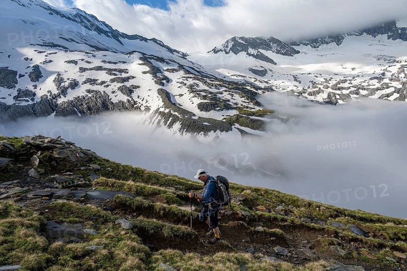 Mountaineers on a hiking trail, high fog in the valley, glaciated mountains with Schlegeiskees above the clouds, Berliner Höhenweg, Zillertal Alps, Tyrol, Austria, Europe