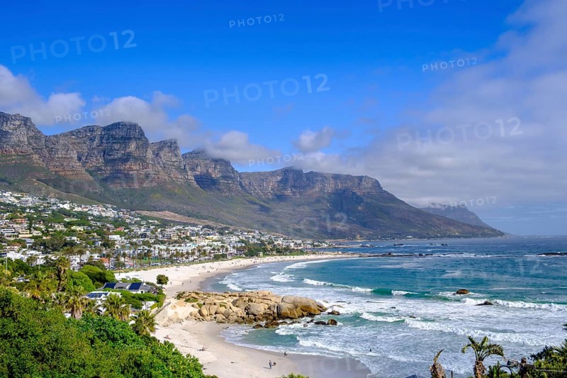 Camps Bay Beach, near Cape Town, behind the Twelve Apostles mountain range, South Africa, Africa