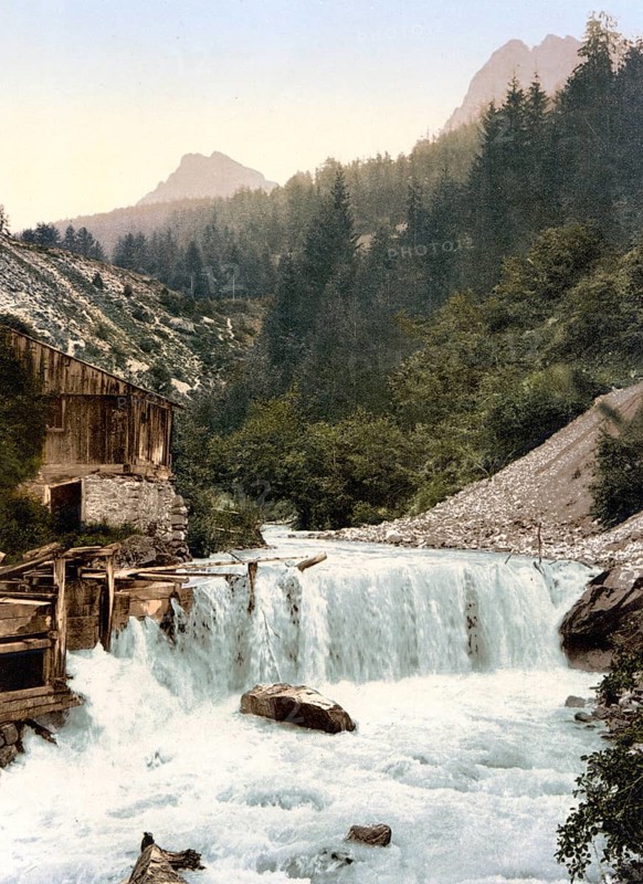 Lower Engadine, Tarasp, Waterfall, Graubuenden, Switzerland, Historical, digitally restored reproduction from a 19th century original, Record date not stated, Europe