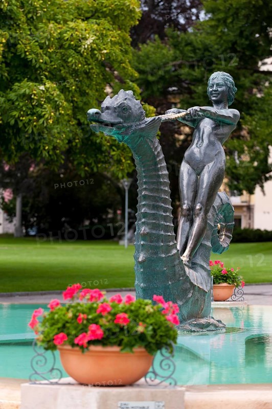 Sculpture with mermaid on the promenade in Vevey on Lake Geneva, Vaud, Switzerland, Europe
