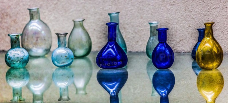 Glass jugs and bottles from the 1st-3rd century, Museo Archeologico Concordiese with finds from the Roman period, medieval old town, Portogruaro, Veneto, Friuli, Italy, Portogruaro, Veneto, Italy, Europe