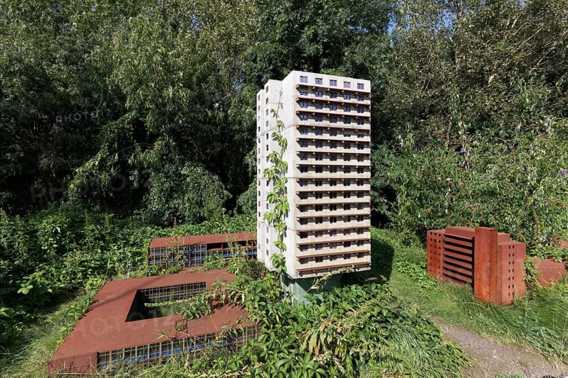 Already demolished residential tower in miniature format, art installation Neustadt by Marta Dyachenko and Julius von Bismarck on the Emscherkunstweg, Landschaftspark Duisburg-Nord, Duisburg, North Rhine-Westphalia, Germany, Europe