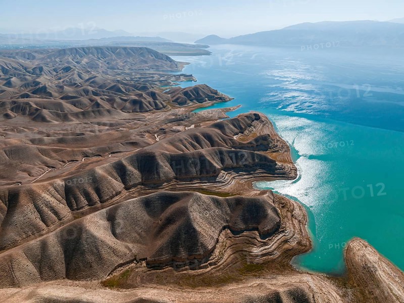 Barren landscape, aerial view, erosion landscape with canyons on the Naryn River, Toktogul Reservoir, Kyrgyzstan, Asia