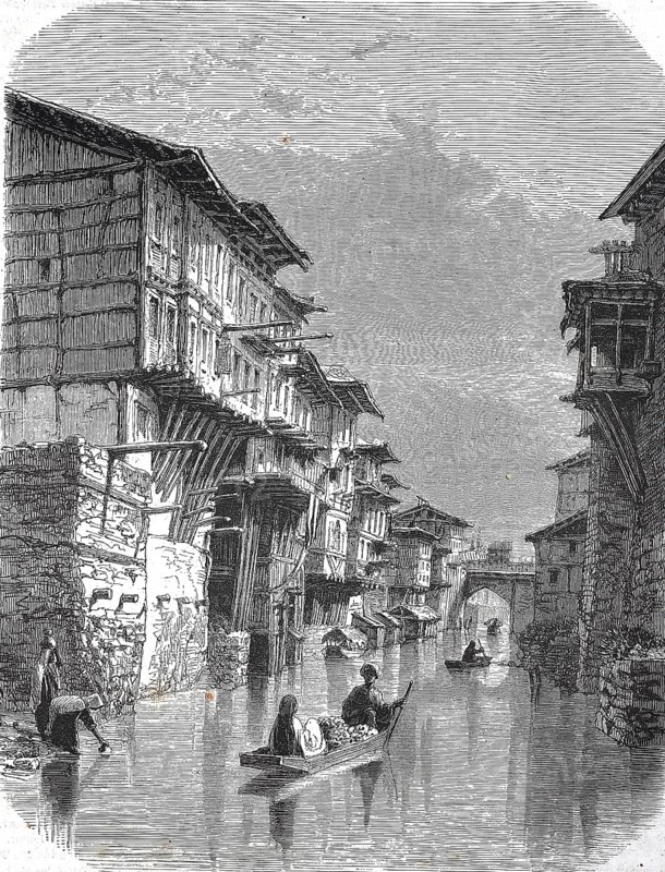 Historic, digitally restored reproduction from a 19th century original, Record date not stated, View of a waterway in Sirinapor, Srinagar, capital of Kashmir, 1855