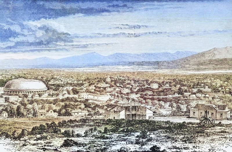 General view of Salt Lake City, Utah, in the 1870s. From American Pictures Drawn With Pen And Pencil by Rev Samuel Manning c. 1880, United States, America, Historic, digitally restored reproduction from a 19th century original, Record date not stated, North America