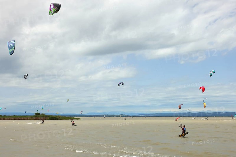 Kitesurfer on the beach of Lake Neusiedl, Podersdorf, Lake Neusiedl National Park, Burgenland, Austria, Europe