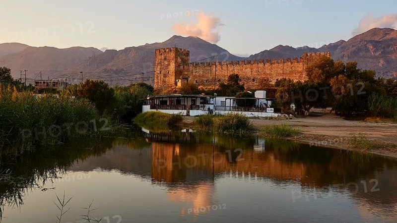 Evening light, Whole fortress, Wetland, Water reflection, Mountains, Lefka Ori, Taverna, Reed grass, Reeds, Frangokastello, Venetian fortress, Castle, Sfakia, West Crete, South coast, Island of Crete, Greece, Europe