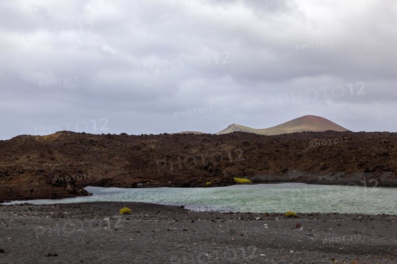 Water pool at Playa de Montaña Bermeja, volcanic landscape, Lanzarote, Canary Island, Spain, Europe