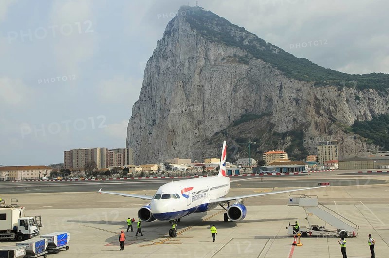 British airways plane International airport with the Rock in background, Gibraltar, southern Europe, Europe