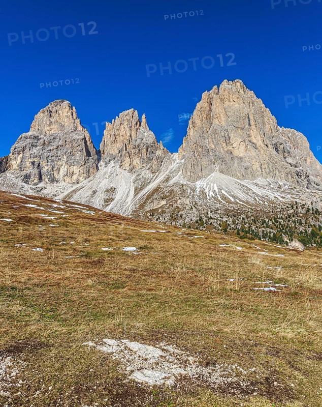Wide meadow landscape in front of an impressive mountain backdrop on the Sella Pass under a clear sky, South Tyrol, Italy, Europe