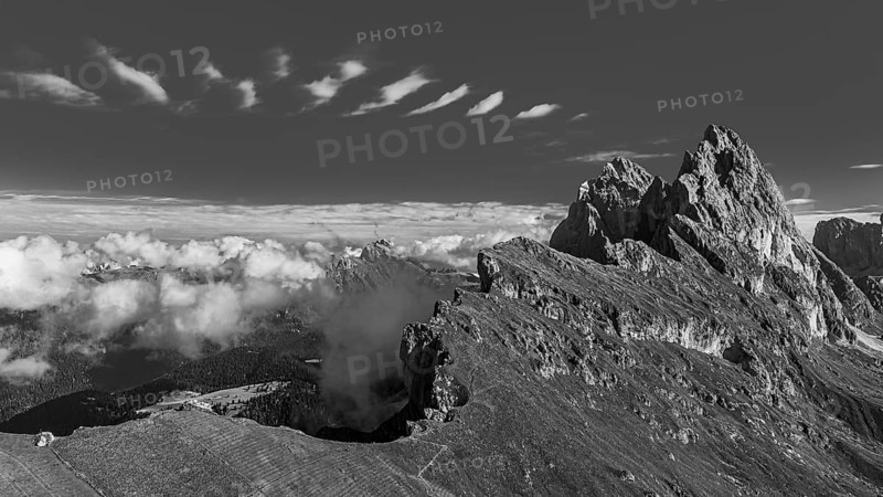 The peaks Sas Rigais and Furchetta of the Geisler group, drone image, black and white image, Val Gardena, Dolomites, Autonomous Province of Bolzano, South Tyrol, Italy, Europe