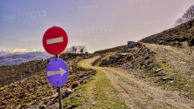 Road signs in front of a fork on a gravel road in the mountains, Lefka Ori, White Mountains, mountain massif, west, Crete, Greece, Europe