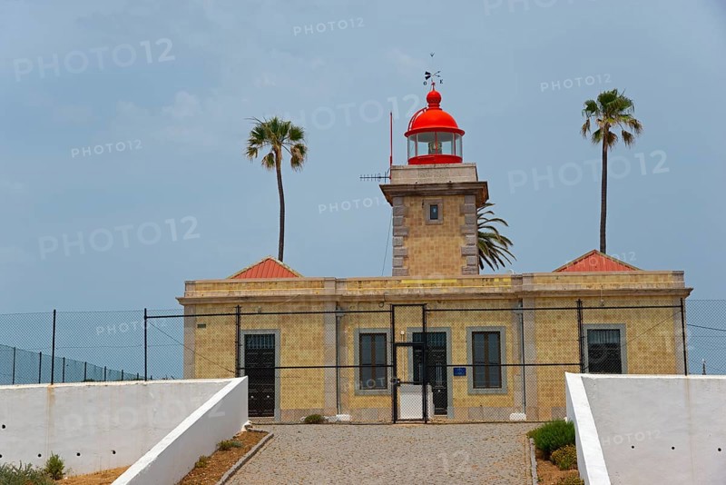 A traditional lighthouse with red roofs and palm trees, surrounded by a coastal landscape, Ponta da Piedade, point of mercy, Lagos, Algarve, Portugal, Europe
