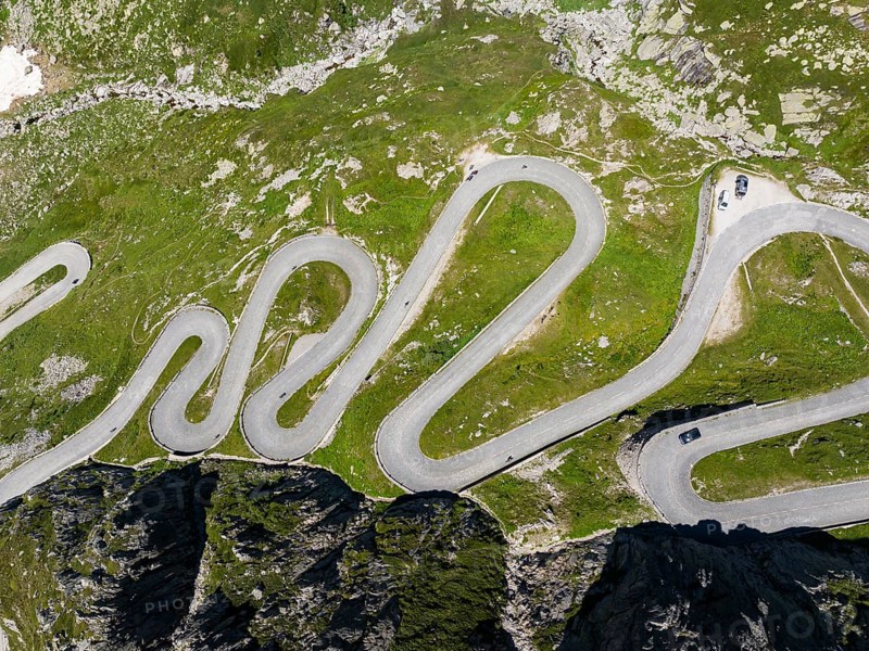 La Tremola, world-famous serpentine road through the Val Tremolo, road construction monument, Alpine pass with 24 hairpin bends. Old Gotthard Pass. Drone photo. Airolo, Canton Ticino, Switzerland, Europe