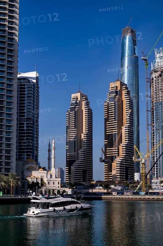 Yacht, Mosque, Skyline, Dubai Marina, Dubai, United Arab Emirates, VAR, Asia
