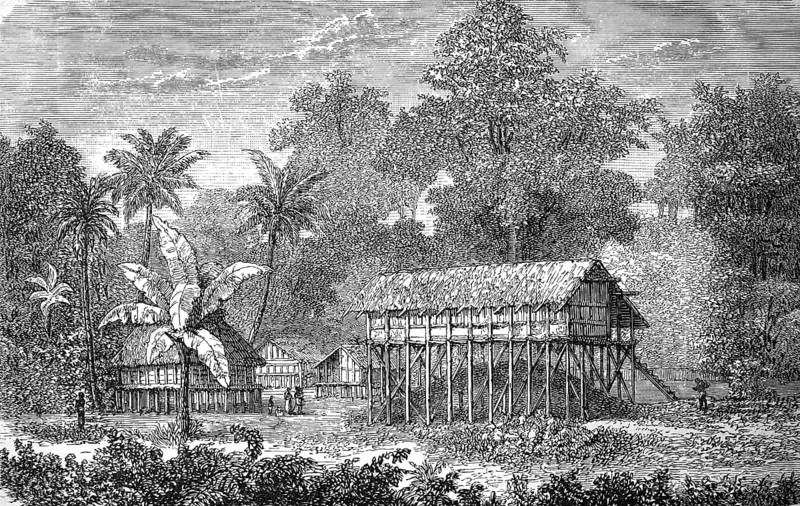 Native dwelling in Tahiti in 1880, Historical, digital reproduction of an original from the 19th century