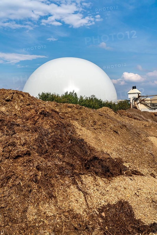 Biogas plant, gas storage, with dome, use of solid manure as energy source, storage area, on a farm near Lippling, close to Delbrück in East Westphalia, in the district of Paderborn, 1.5 megawatts of electrical power, production of district heating for homes in the region, North Rhine-Westphalia, Germany, Europe