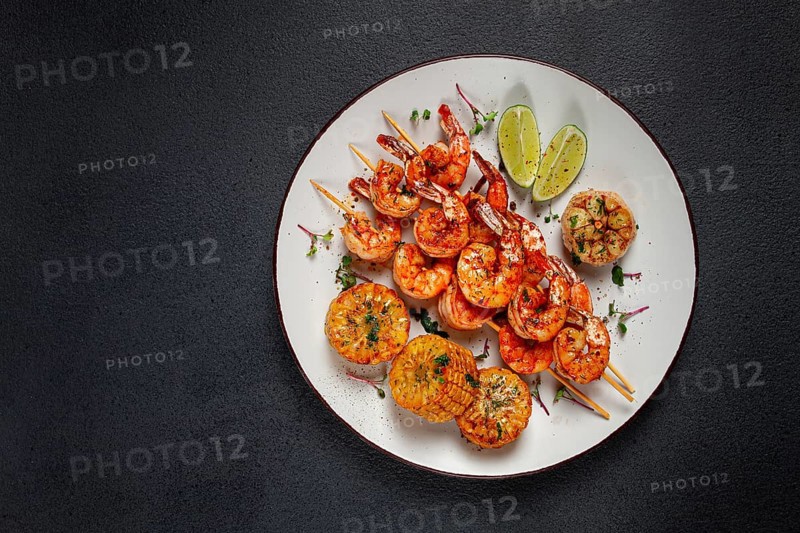 Tiger prawns on skewers, shrimp kebab, with corn, fried, homemade, no people
