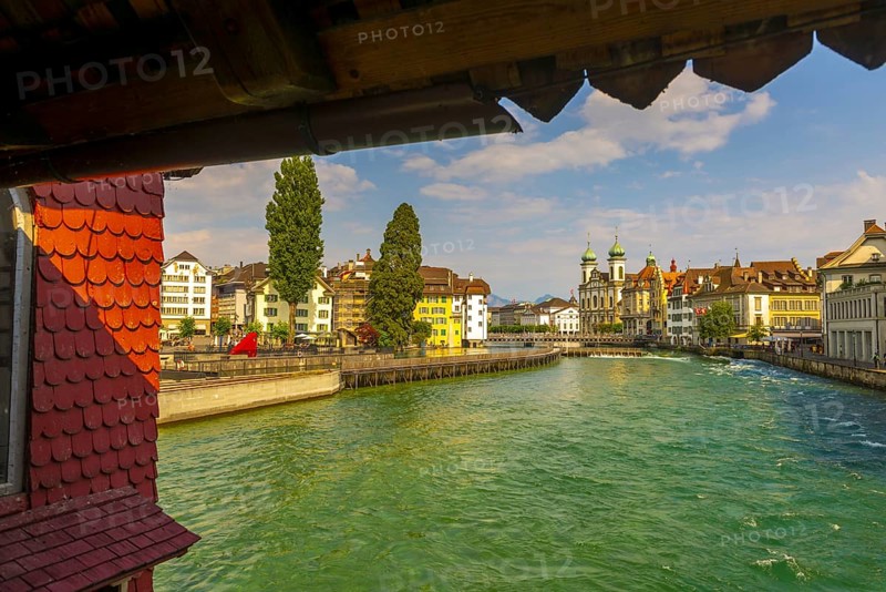 Spreuer Bridge and Reuss River in City of Lucerne, Switzerland, Europe