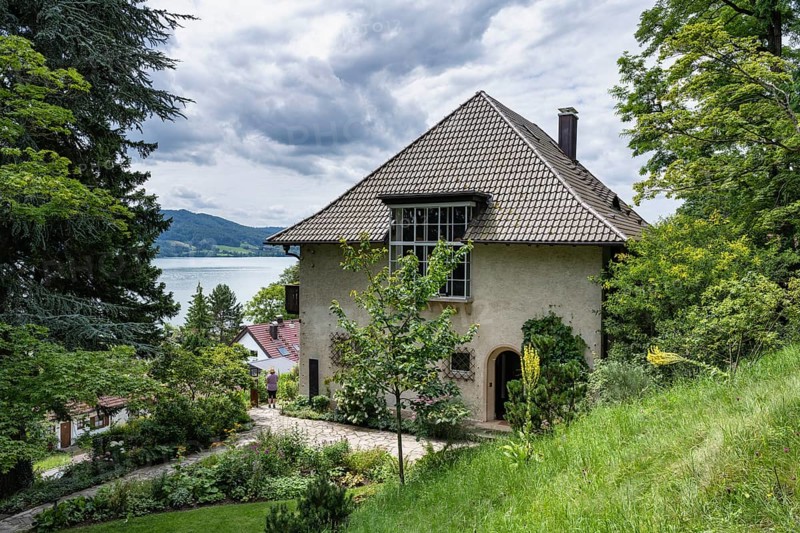 Park and garden with a view of Lake Constance from the museum, Haus Dix art museum, former home and studio of the 20th century painter and graphic artist, Hemmenhofen, Höri peninsula, district of Constance Baden-Württemberg, Germany, Europe