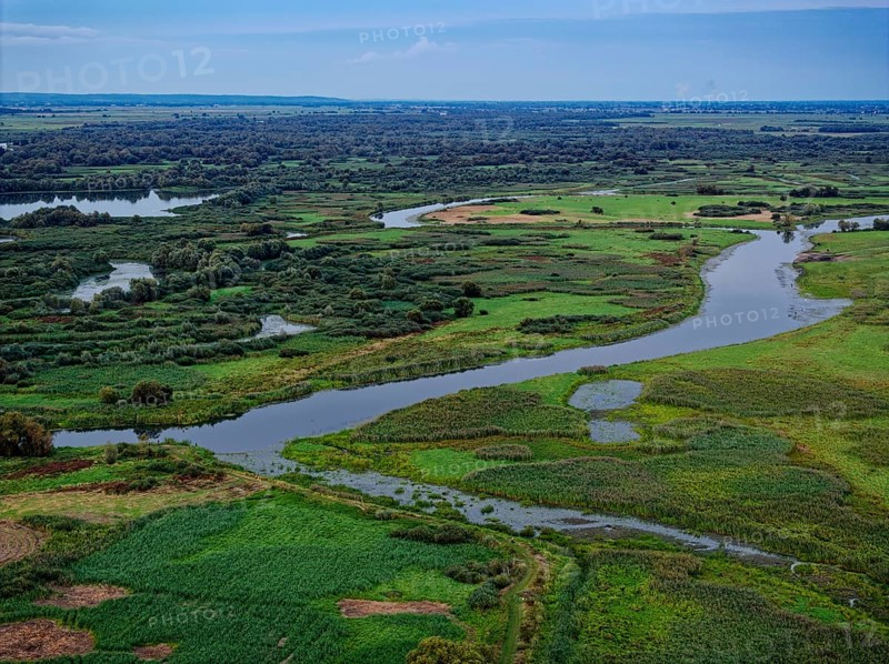 The Warta Estuary National Park, Park Narodowy Ujscie Warty, where the Warta flows into the Oder. The park consists mainly of meadows and pastureland, intersected by numerous old river courses and canals. Aerial view. Kostrzyn nad Odra, Lubuskie, Poland, Europe