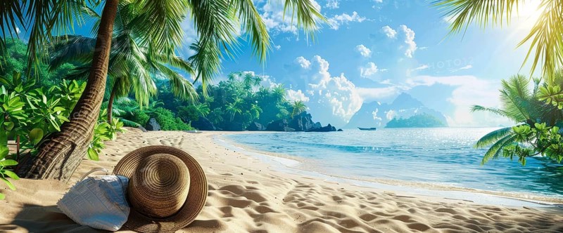 Beach scene with a straw hat, beach bag. Summer vacation, palm trees and ocean in the background, AI generated