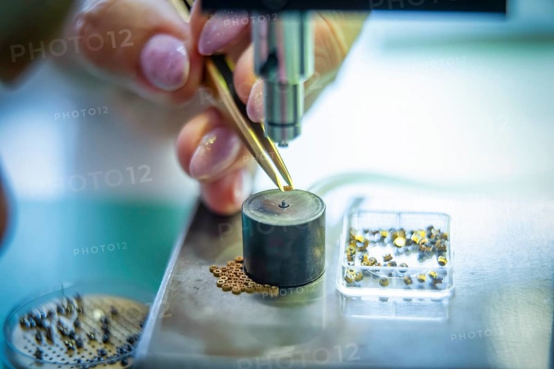 Nomos Glashütte is a German watch manufacturer from Glashütte in Saxony, which produces and sells mechanical wristwatches with hand-wound and, since 2005, automatic movements. Pressing of movement components, NOMOS Uhren, Schlottwitz, Saxony, Germany, Europe